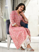 Women's Peach Paisley Printed Lace Embellished A Line Kurta