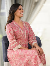 Women's Peach Paisley Printed Lace Embellished A Line Kurta