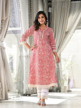 Women's Peach Paisley Printed Lace Embellished A Line Kurta