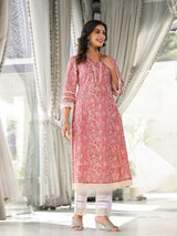 Women's Peach Paisley Printed Lace Embellished A Line Kurta