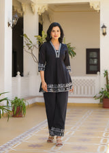 Women's Black Work Regular Fit Embroidered Three Quarter Sleeves Co-Ord Sets