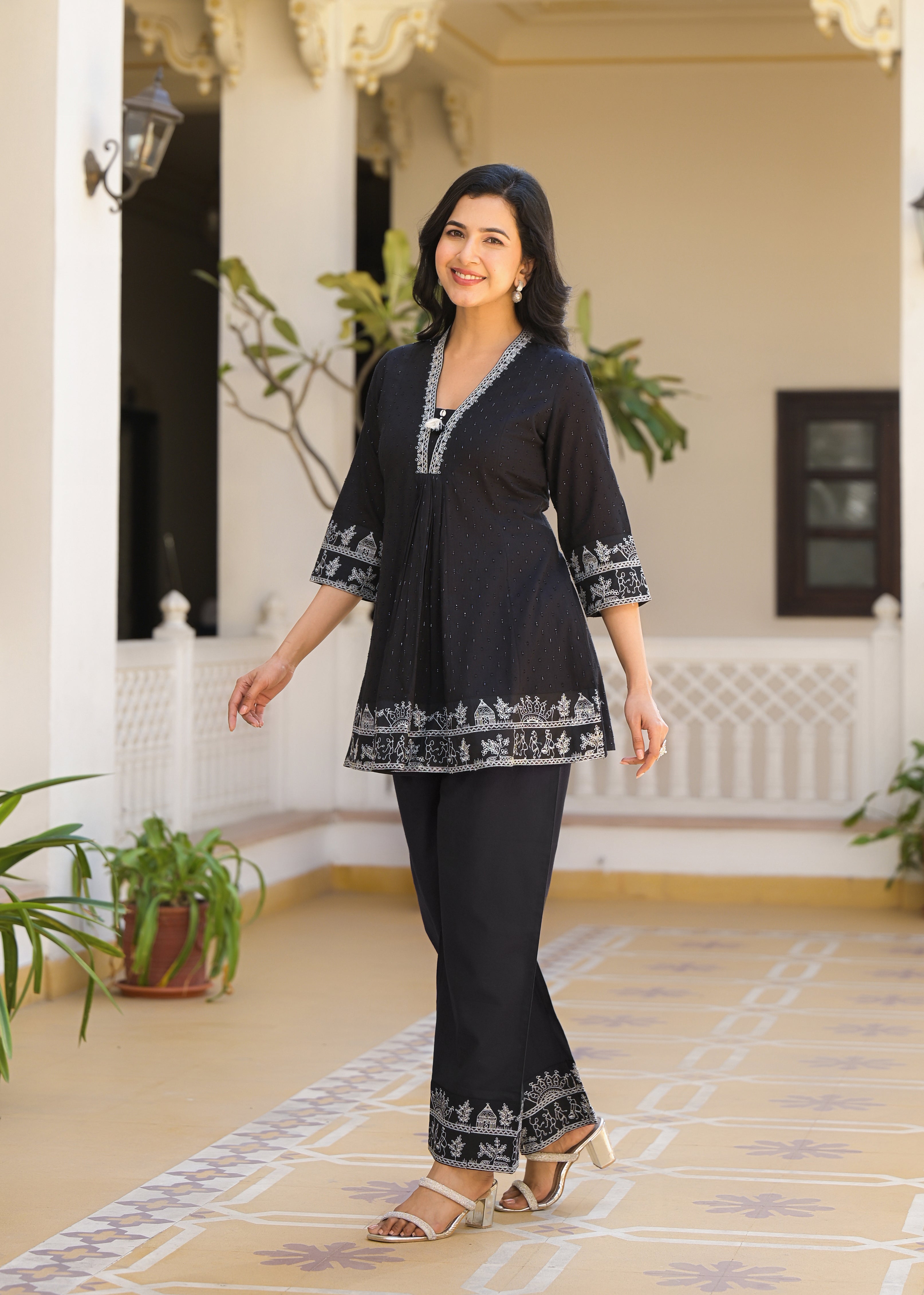 Women's Black Work Regular Fit Embroidered Three Quarter Sleeves Co-Ord Sets