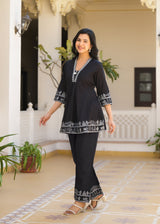 Women's Black Work Regular Fit Embroidered Three Quarter Sleeves Co-Ord Sets