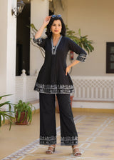 Women's Black Work Regular Fit Embroidered Three Quarter Sleeves Co-Ord Sets