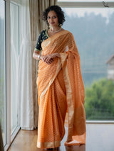 Women's Orange Cotton Blend Saree