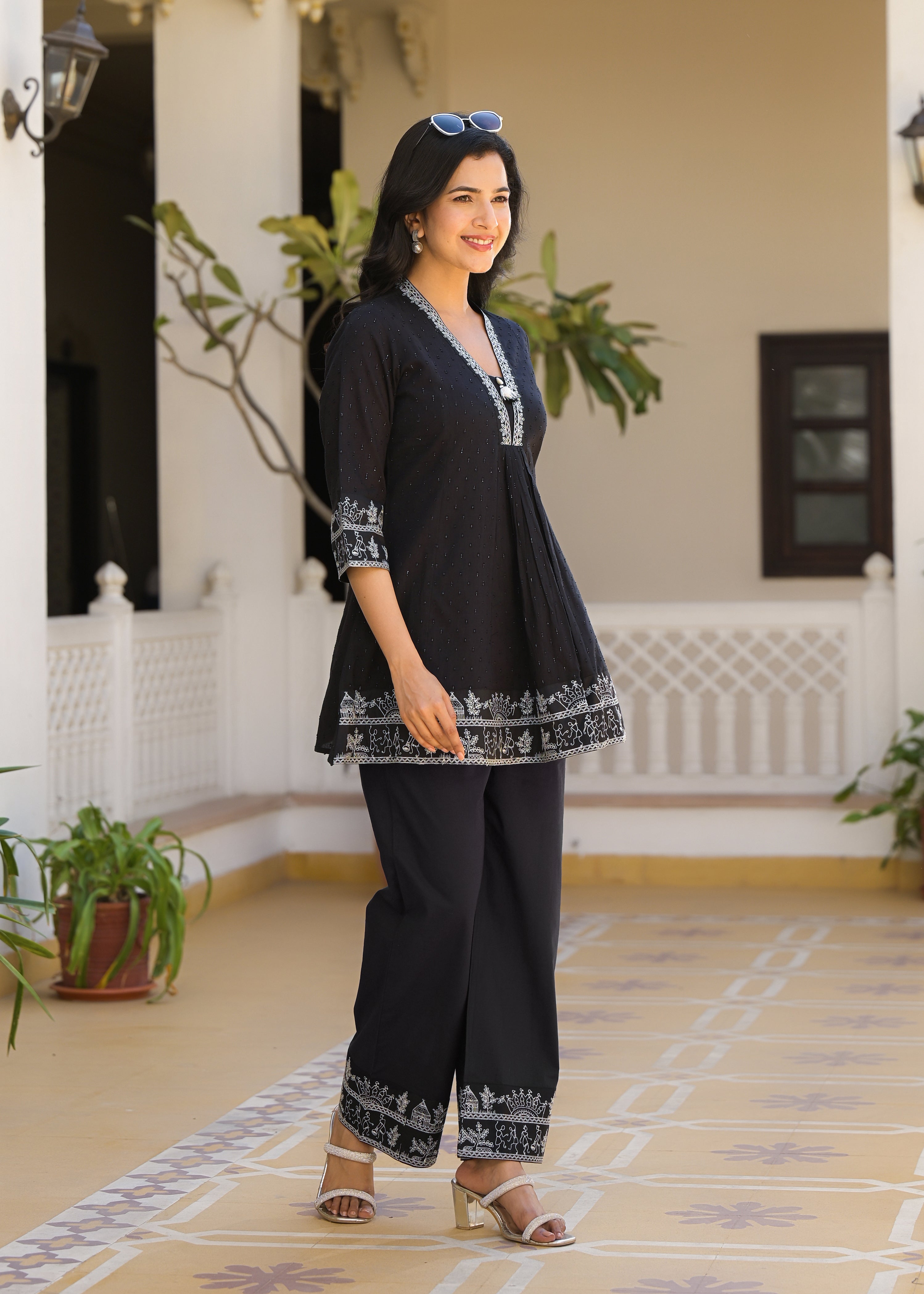 Women's Black Work Regular Fit Embroidered Three Quarter Sleeves Co-Ord Sets