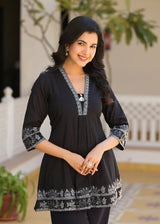 Women's Black Work Regular Fit Embroidered Three Quarter Sleeves Co-Ord Sets