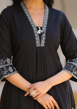 Women's Black Work Regular Fit Embroidered Three Quarter Sleeves Co-Ord Sets