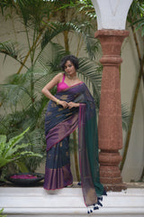 Women's Blue Cotton Blend Saree