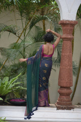 Women's Blue Cotton Blend Saree