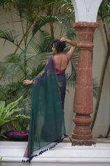 Women's Blue Cotton Blend Saree