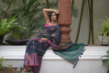 Women's Blue Cotton Blend Saree