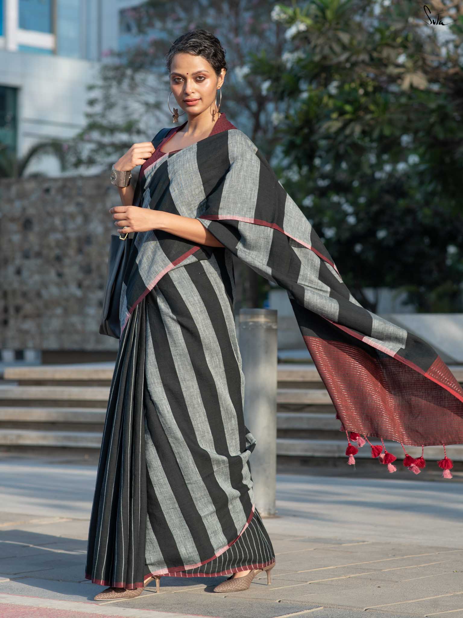 Women's Black Linen Blend Saree
