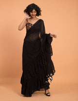 Women's Black Mul Cotton Saree