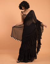 Women's Black Mul Cotton Saree