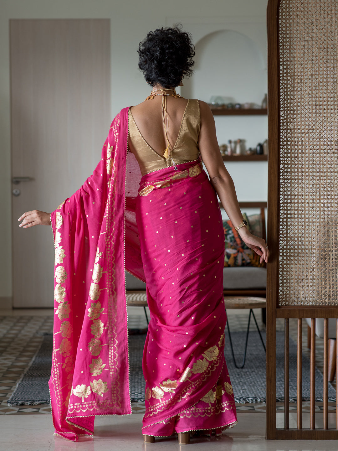Women's Pink Cotton Viscose Saree