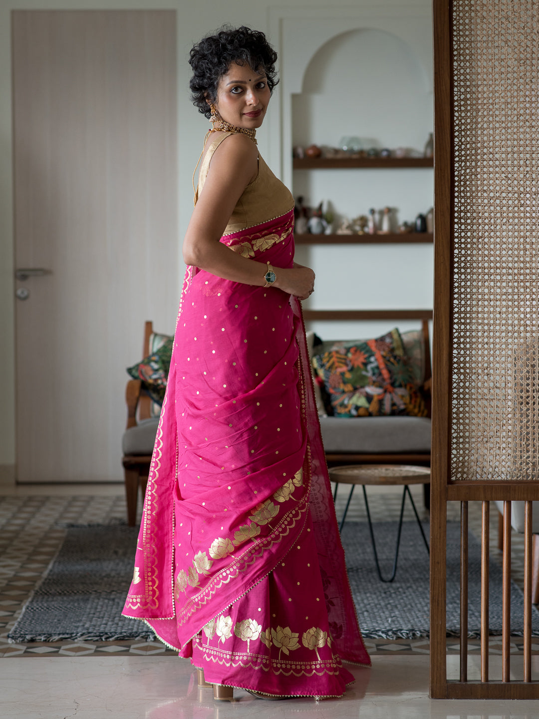 Women's Pink Cotton Viscose Saree