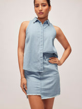Women's Denim Pin Collar Sleeveless Shirt