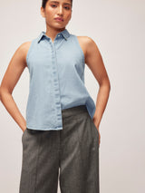 Women's Denim Pin Collar Sleeveless Shirt
