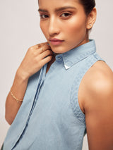 Women's Denim Pin Collar Sleeveless Shirt