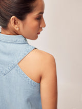 Women's Denim Pin Collar Sleeveless Shirt