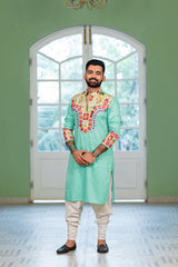 Men's Green Embroidered Full Sleeves Festive Kurta