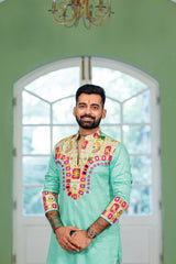 Men's Green Embroidered Full Sleeves Festive Kurta