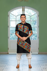 Men's Black Embroidered Full Sleeves Festive Kurta