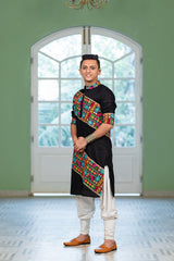 Men's Black Embroidered Full Sleeves Festive Kurta