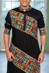 Men's Black Embroidered Full Sleeves Festive Kurta