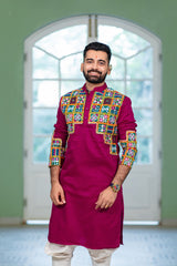 Men's Pink Embroidered Full Sleeves Festive Kurta