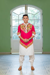 Men's Red Embroidered Full Sleeves Festive Kurta