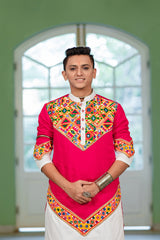 Men's Red Embroidered Full Sleeves Festive Kurta