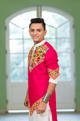 Men's Red Embroidered Full Sleeves Festive Kurta