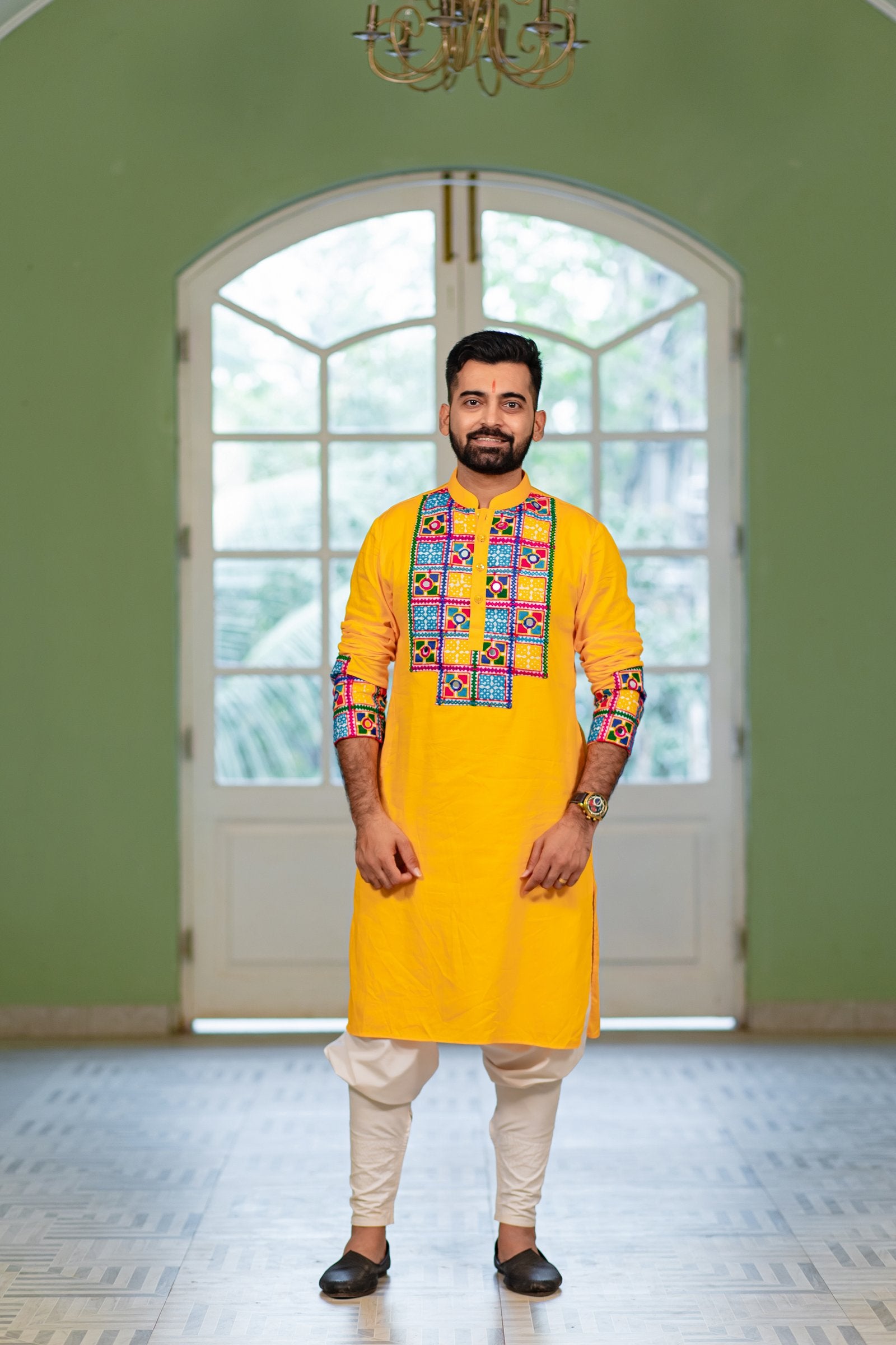 Men's Yellow Embroidered Full Sleeves Festive Kurta