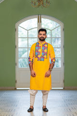 Men's Yellow Embroidered Full Sleeves Festive Kurta