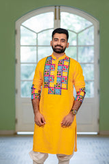 Men's Yellow Embroidered Full Sleeves Festive Kurta