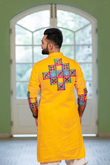 Men's Yellow Embroidered Full Sleeves Festive Kurta