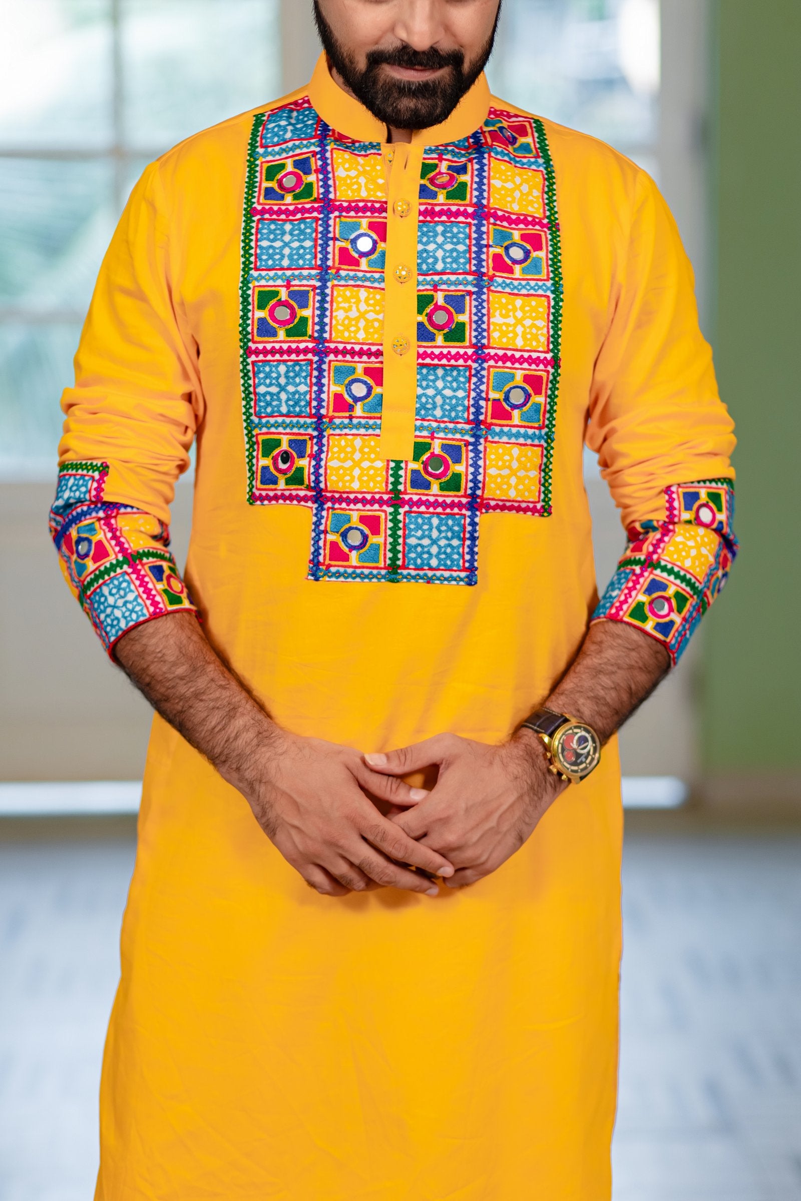 Men's Yellow Embroidered Full Sleeves Festive Kurta