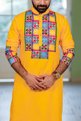 Men's Yellow Embroidered Full Sleeves Festive Kurta