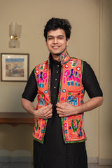 Men's Orange Embroidered Sleeveless Festive Koti