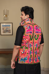 Men's Orange Embroidered Sleeveless Festive Koti