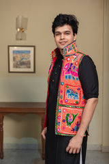 Men's Orange Embroidered Sleeveless Festive Koti