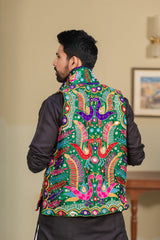 Men's Green Embroidered Sleeveless Festive Koti