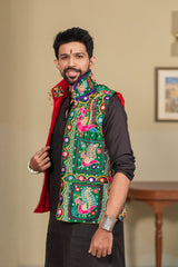 Men's Green Embroidered Sleeveless Festive Koti