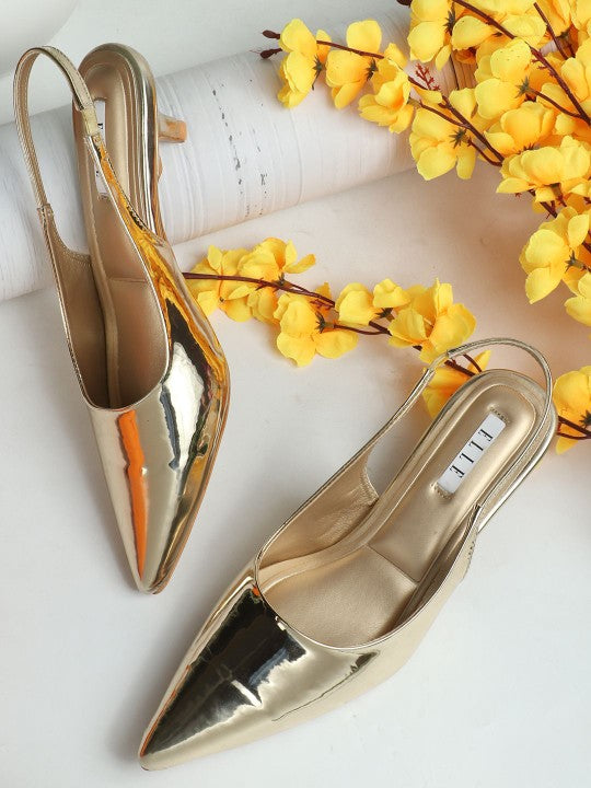 Women's Gold Pointed Toe Slingback Kitten Heels