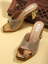 Women's Gold Croc-Textured Block Heels with Chain Detail Sandals