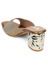 Women's Gold Croc-Textured Block Heels with Chain Detail Sandals