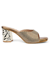 Women's Gold Croc-Textured Block Heels with Chain Detail Sandals