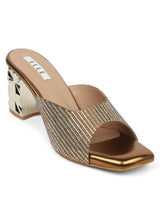 Women's Gold Croc-Textured Block Heels with Chain Detail Sandals